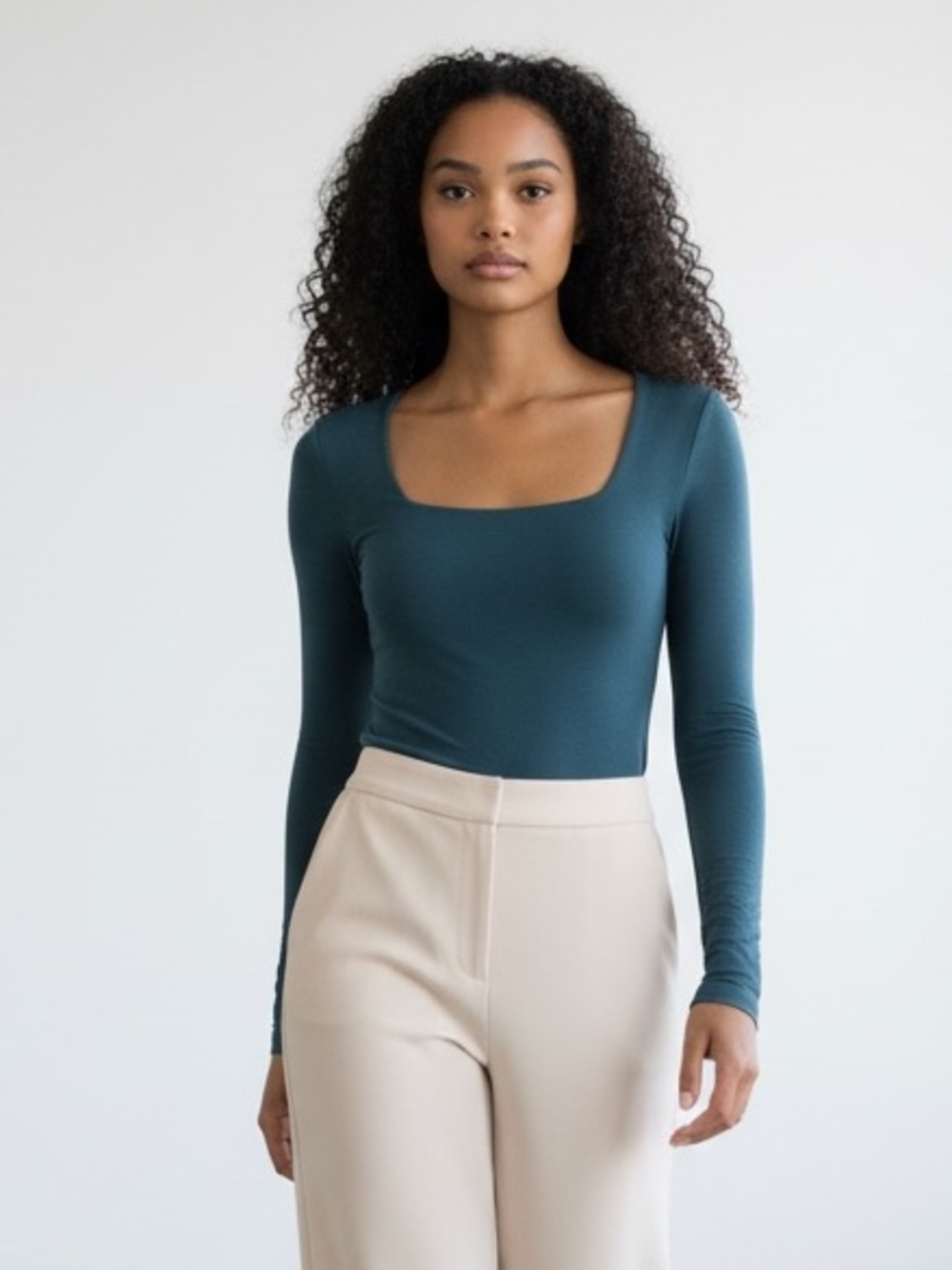 1438 • Forest Green Double Layer Bodice Long Sleeve Square Neck Top